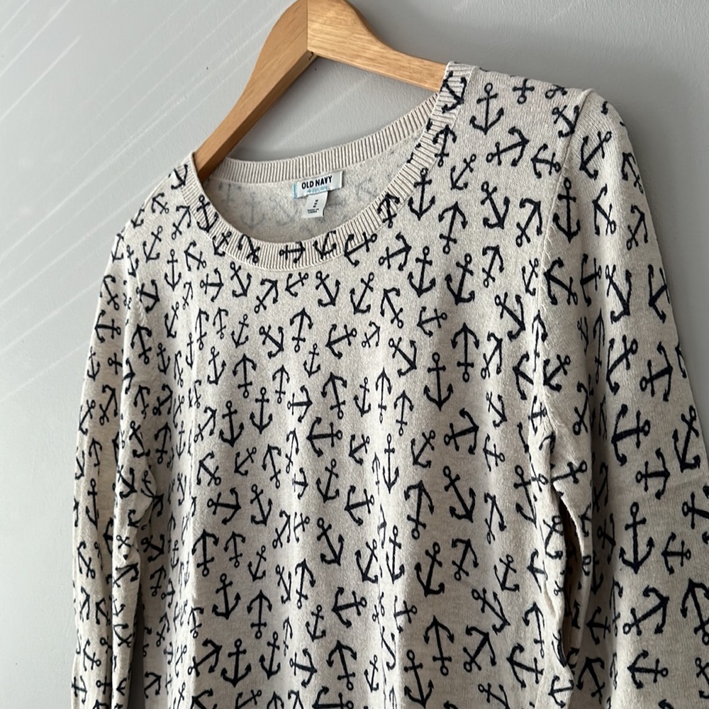 ⚓️ ANCHORS AWAY Adorable coastal sweater with blue anchors on cream background M - Picture 3 of 10